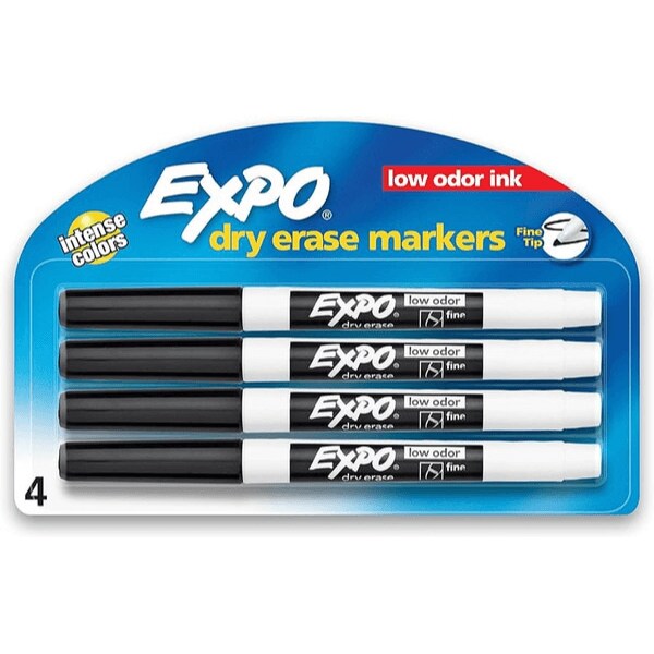 four pack of thin tipped black dry erase markers